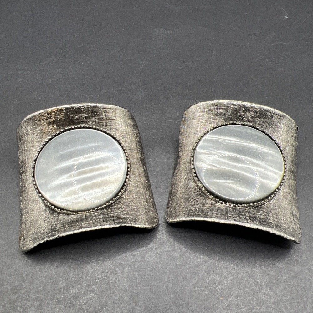 VTG 60's Musi Shoe Clips Textured Silver-tone Moon Glow Faux Mother Of Pearl